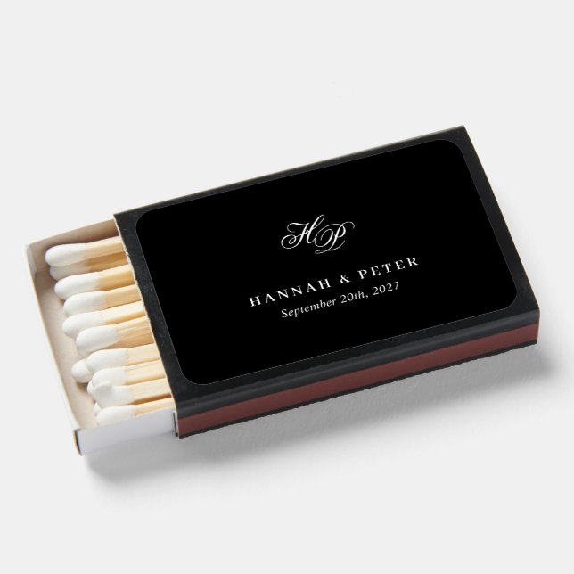 Elegant Monogram Initials Minimal Black Wedding Matchboxes (Front Open)