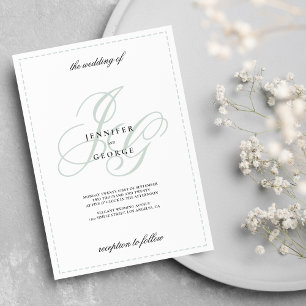 Elegant monogram initials mint green white wedding invitation