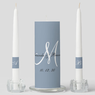 Elegant Monogram Initials Names Dusty Blue Wedding Unity Candle Set