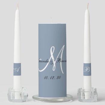 Elegant Monogram Initials Names Dusty Blue Wedding Unity Candle Set by monogramgallery at Zazzle