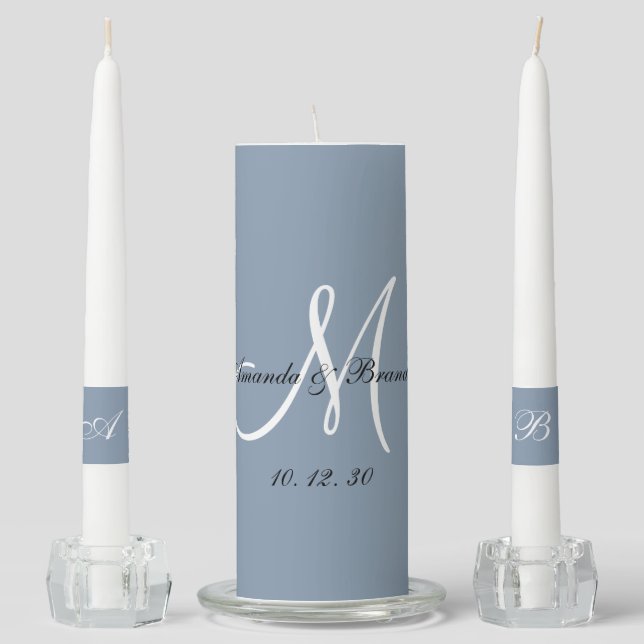 Elegant Monogram Initials Names Dusty Blue Wedding Unity Candle Set (Front)