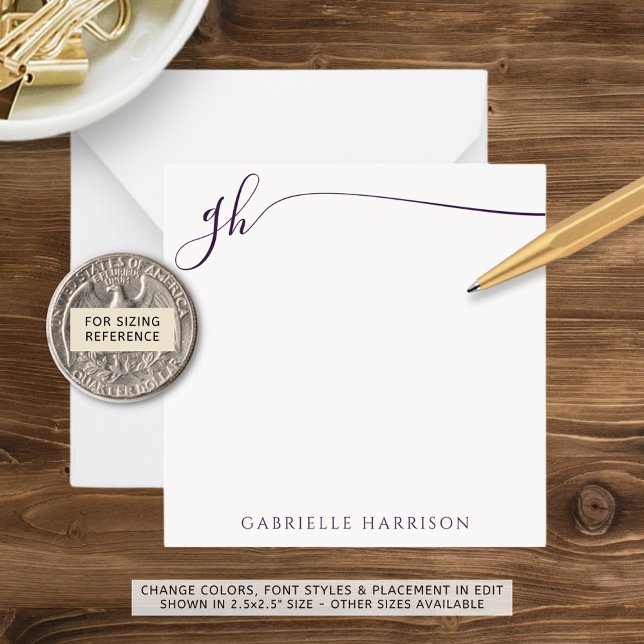 Elegant Monogram Initials Purple Script Note Card (Creator Uploaded)