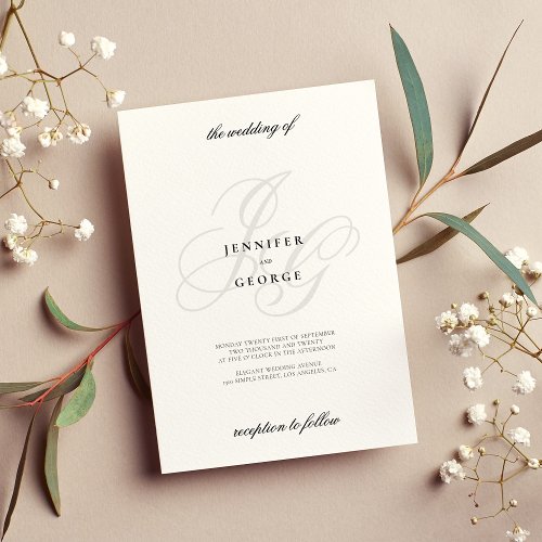 Elegant monogram initials stylish white wedding invitation