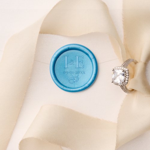 Elegant Monogram Initials Wedding Rings Date Blue Wax Seal Stamp