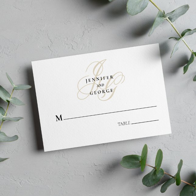 Elegant monogram initials white gold wedding  place card (Elegant monogram initials white gold wedding place card )