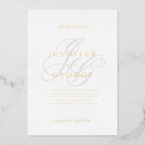 Elegant monogram initials white wedding gold foil invitation