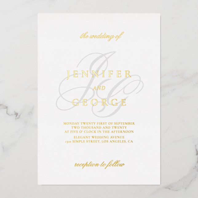 Elegant monogram initials white wedding gold foil invitation (Front)