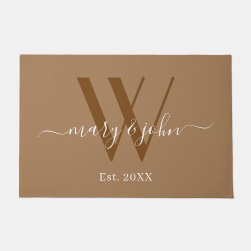 Elegant Monogram Khaki Names Script Wedding Doormat