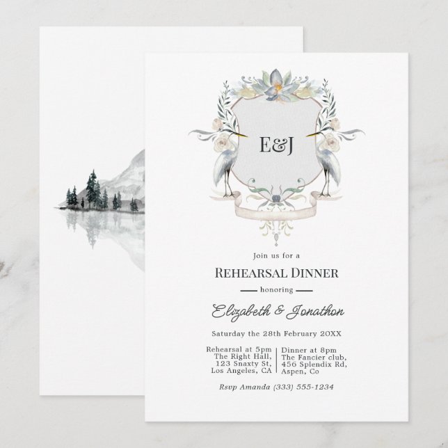 Elegant Monogram Lake Wedding Rehearsal Dinner Invitation (Front/Back)