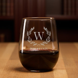 Elegant Monogram Laurel Crest Family Name Stemless Wine Glass