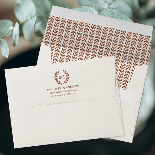 Elegant Monogram Laurel Leaf Burnt Orange Wedding Envelope