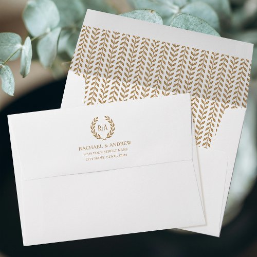 Elegant Monogram Laurel Leaf Gold White Wedding Envelope