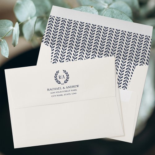 Elegant Monogram Laurel Leaf Navy Blue Wedding Envelope