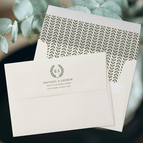 Elegant Monogram Laurel Leaf Sage Green Wedding Envelope