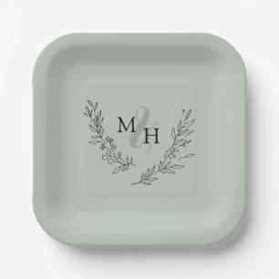 Elegant Monogram Laurel Wreath Sage Wedding Paper Plates