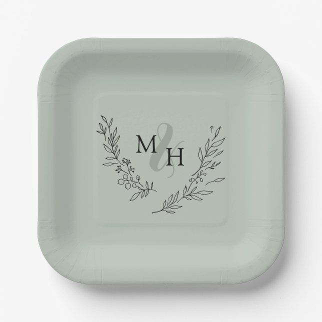 Elegant Monogram Laurel Wreath Sage Wedding Paper Plates (Front)