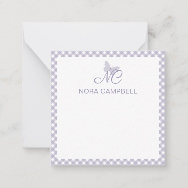 Elegant Monogram Lavender Gingham Personalized Note Card (Front)