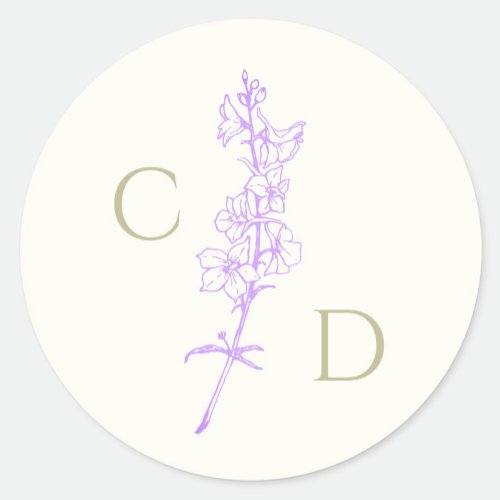 Elegant Monogram  Lavender Larkspur Floral  Classic Round Sticker