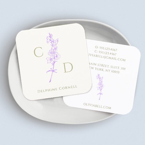 Elegant Monogram  Lavender Larkspur Floral  Square Business Card