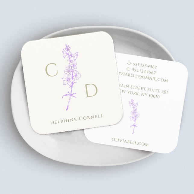 Elegant Monogram  Lavender Larkspur Floral  Square Business Card (Creator Uploaded)