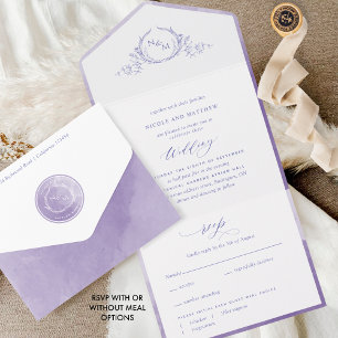 Elegant Monogram Lavender Lilac Watercolor Wedding All In One Invitation