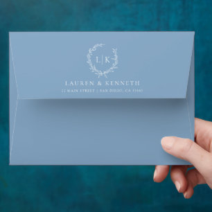 Elegant Monogram Leaf Crest Dusty Blue Wedding Envelope