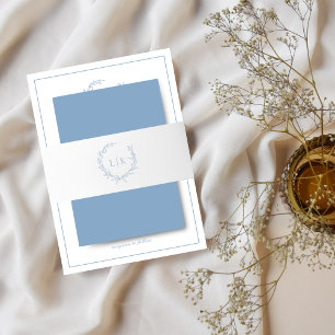 Elegant Monogram Leaf Crest Dusty Blue Wedding Invitation Belly Band