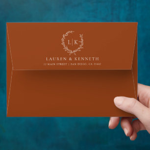 Elegant Monogram Leaf Crest Terracotta Wedding Envelope