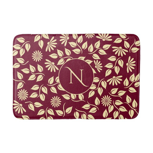 Elegant Monogram Leaf Daisy Pattern Burgundy Bath Mat (Front)
