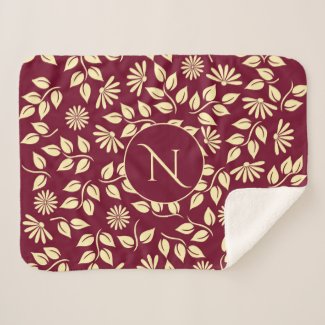 Elegant Monogram Leaf Daisy Pattern Burgundy Bath Sherpa Blanket