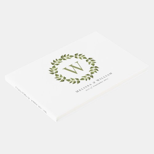 Elegant Monogram Leaf Wreath Greenery Wedding Guest Book