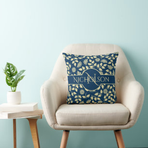 Elegant Monogram Leaves Daisies Custom Name Blue Throw Pillow