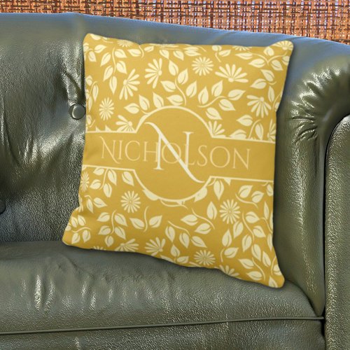 Elegant Monogram Leaves Daisies Custom Name Gold Throw Pillow