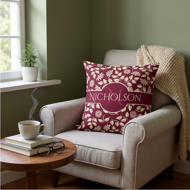 Elegant Monogram Leaves Daisies Name Burgundy Throw Pillow (Initial Letter Monogram on both sides of pillow)