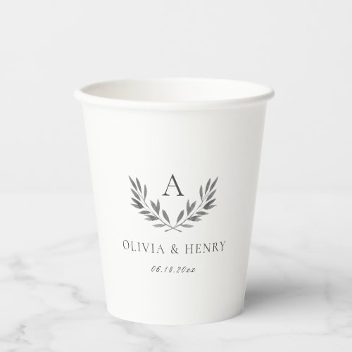 Elegant Monogram  Leaves Gray Wedding Paper Cups