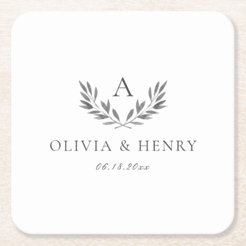 Elegant Monogram  Leaves Gray Wedding Square Paper Coaster