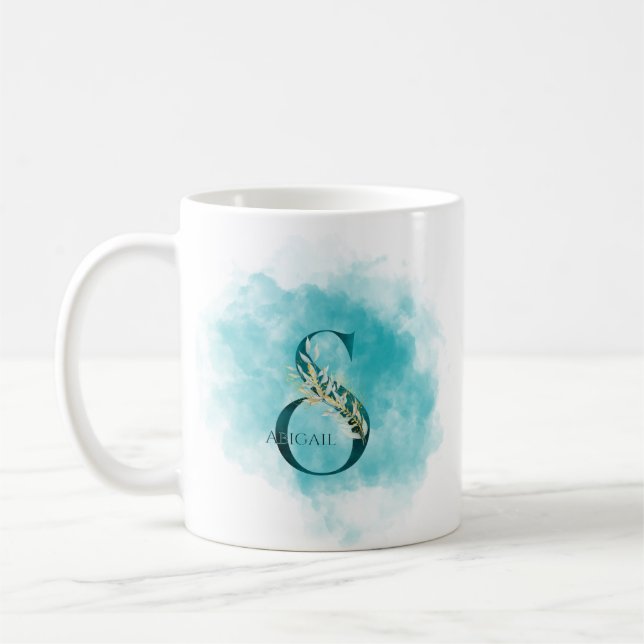 Elegant Monogram Letter A Teal Gold Flower  Coffee Mug (Left)