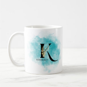 Elegant Monogram Letter K Teal Gold Flower Coffee Mug