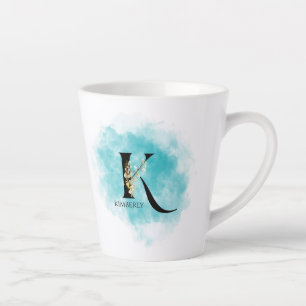 Elegant Monogram Letter K Teal Gold Flower Latte Mug