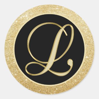 Elegant Monogram Letter L Black Gold Glitter Seals by MonogrammedShop at Zazzle