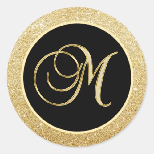 Elegant Monogram Letter M Black Gold Glitter Seals