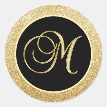 Elegant Monogram Letter M Black Gold Glitter Seals by MonogrammedShop at Zazzle