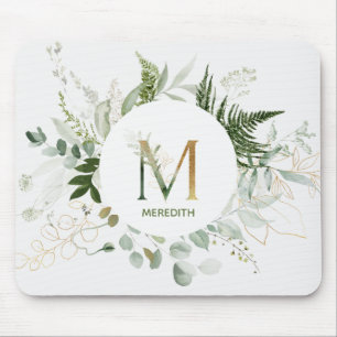 Elegant Monogram Letter M Greenery Mouse Pad