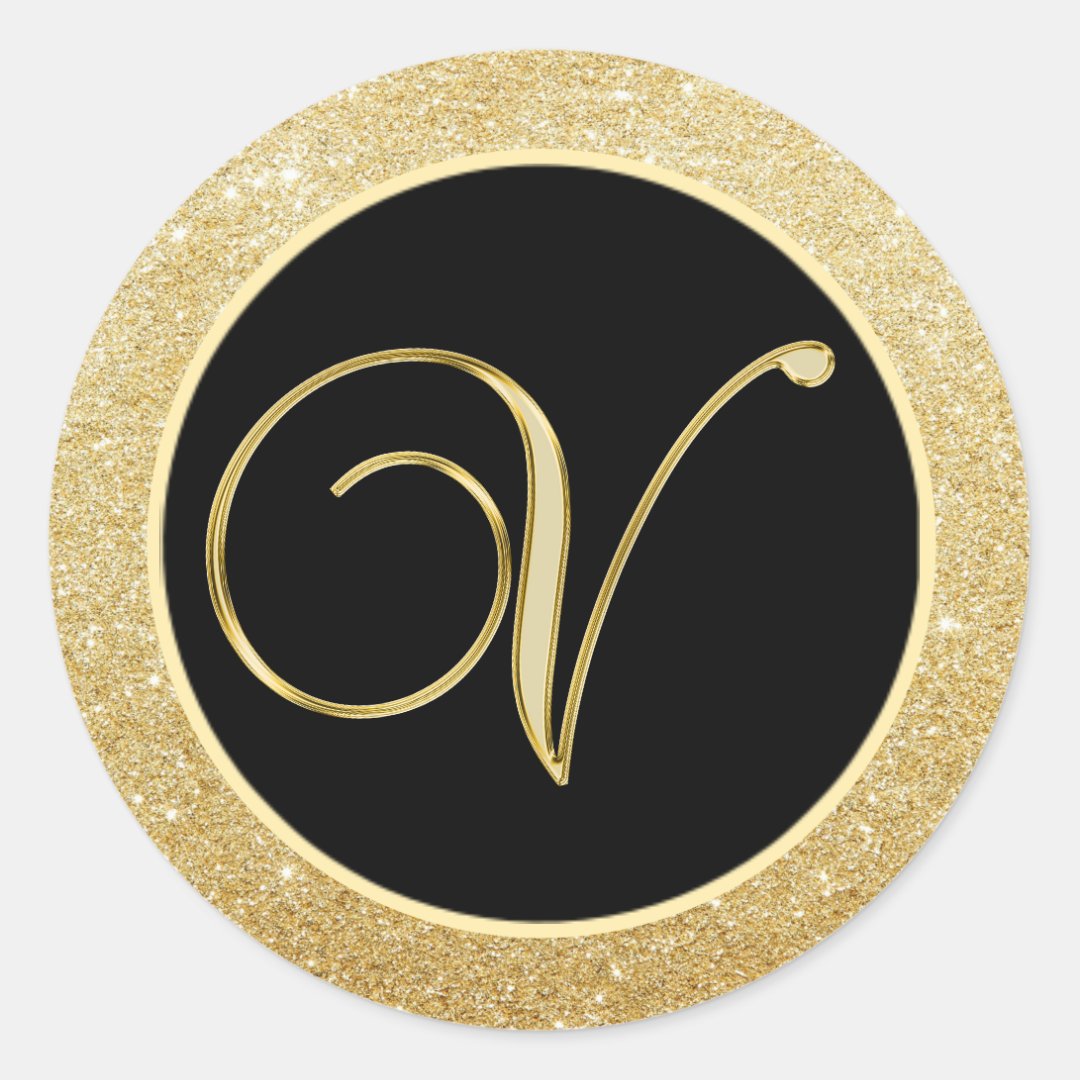 Elegant Monogram Letter V Black Gold Glitter Seals | Zazzle