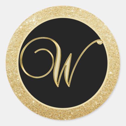 Elegant Monogram Letter W Black Gold Glitter Seals