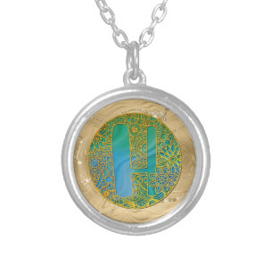 Elegant Monogram Letters Turquoise & Gold Glitter Silver Plated Necklace