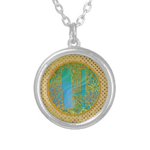 Elegant Monogram Letters Turquoise & Gold Glitter Silver Plated Necklace