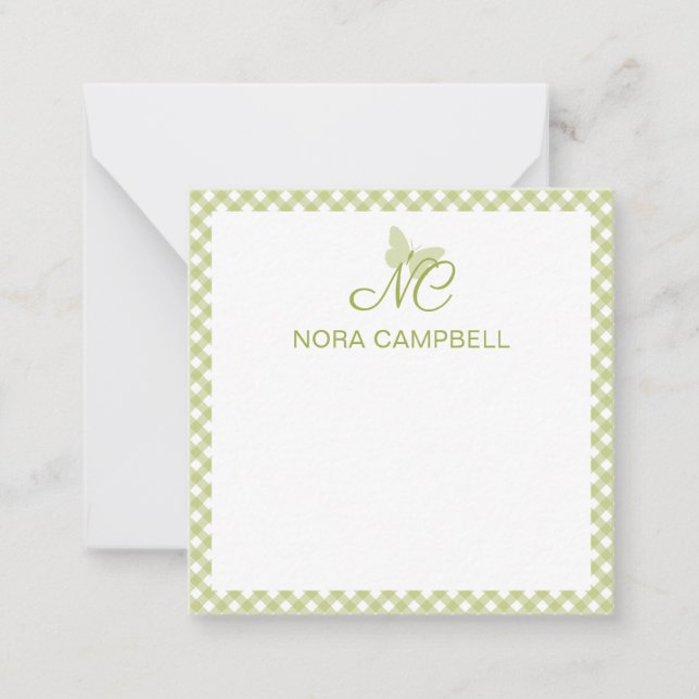 Elegant Monogram Light Green Gingham Personalized Note Card (Front)