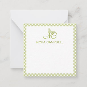Elegant Monogram Light Green Gingham Personalized Note Card