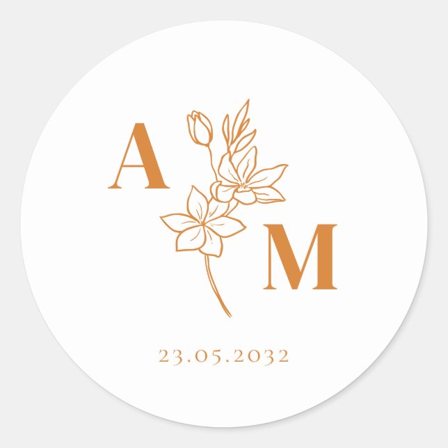 Elegant, Monogram, Line Art Flower, Weddings Classic Round Sticker (Front)